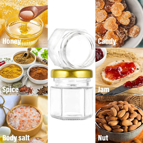 jars-1.5oz,48 GIVAMEIHF Mini Honey pcs Hexagon honey jars with dipper,gold cover,bee pendant,Gold Gift