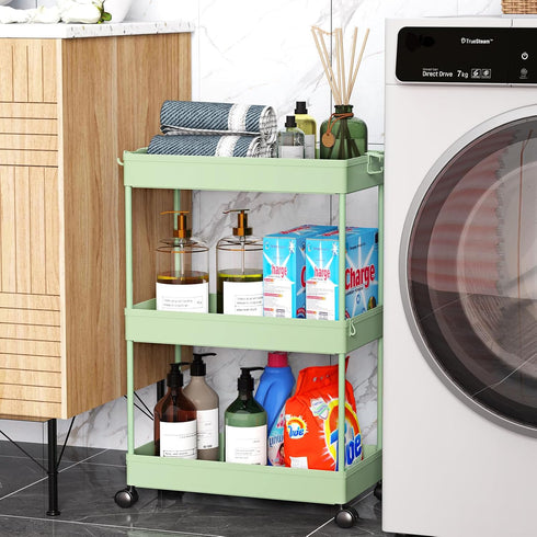 3-Tier SPACEKEEPER Green Rolling Storage Cart, Bathroom & Kitchen Organizer, Modern Plastic Frame, Adjustable Shelves