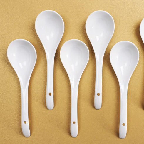 6 Pieces Premium White Porcelain Mini Ladles - 9 Inch Large Soup Spoons for Stews, Noodles, Chinese Dishes