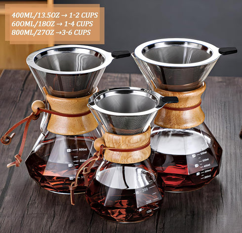 Pour Over Coffee Maker with Reusable Stainless Steel Filter, Lead-Free Borosilicate Glass Carafe