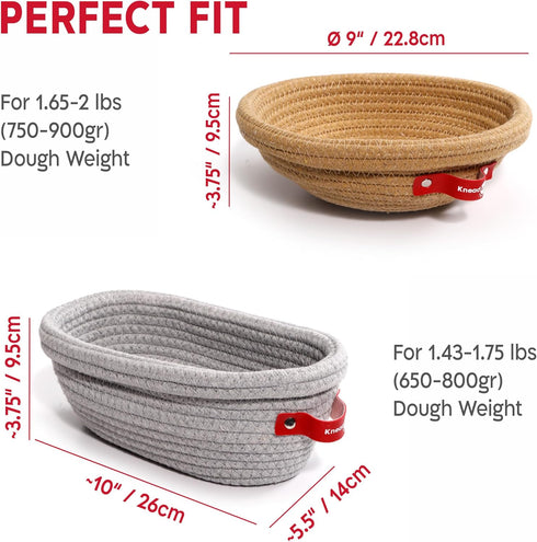 Set, KneadAce Cotton Rope Banneton Bread Proofing Basket Oval & Round Bread Baskets with Liners & Covers for Artisan