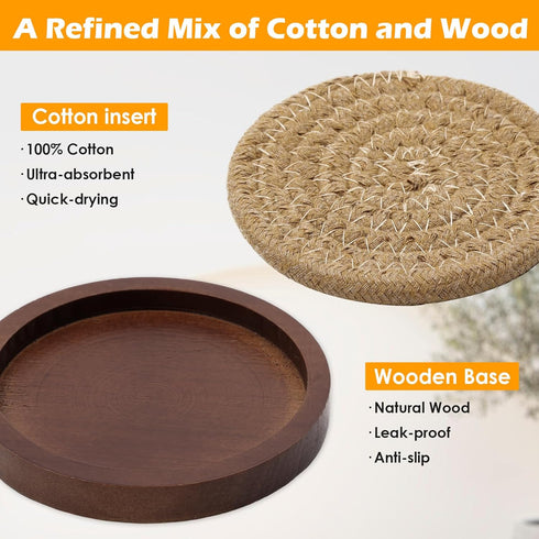 6 Pack 4.3 Inches Mckanti Wood Coasters for Drinks with Cotton Coasters Insert, Wooden Coasters with Holder for Coffee