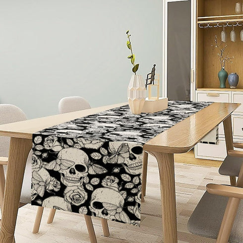 13x36 inches Gothic Table Runner White Skull Flowers Moth Pattern Table Runner Table Cloth Decoration Dresser Garden
