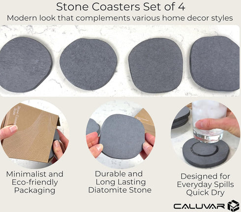 Set 4 Stone Coasters Slate of from Diatomaceous Earth, Fast Absorbing Stone Coasters for Drinks, Water Absorbent