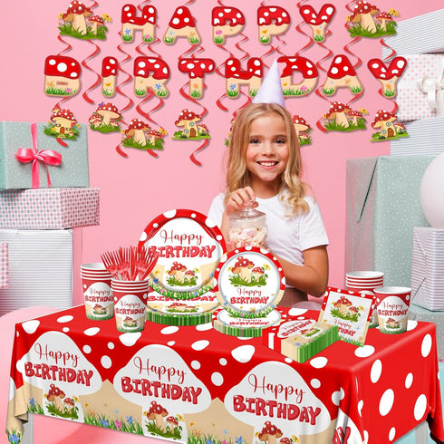 Dydamud 150PCS Mushroom Birthday Decorations, Mushroom Theme Party Tableware Include Plates, Napkins, Tablecloth
