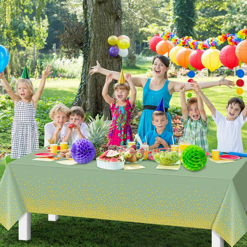 1 Pack 54"x108" FunnyPars Sage Green and Gold Plastic Tablecloth, Green Disposable Table Cloth for Rectangle Tables