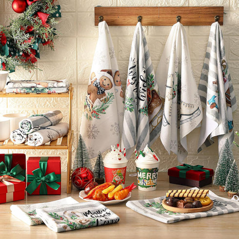 VitalCozy 12 14.2 21.3 Inch Pcs Christmas Kitchen Towels and Dishcloths Absorbent Stripe Christmas Tree Reindeer Santa