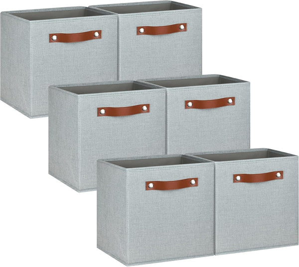 Pomatree 11 Inch Cube Storage Bin - 6 Pack, Linen Fabric Bins for Bedroom, Living Room, Clothes, Toys, Foldable, Silver