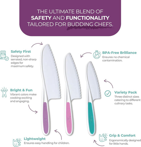 Tovla Jr. Knives for Kids: 3-Piece Kitchen Baking Knife Set in 3 Sizes & Colors, BPA-Free, Serrated Edges