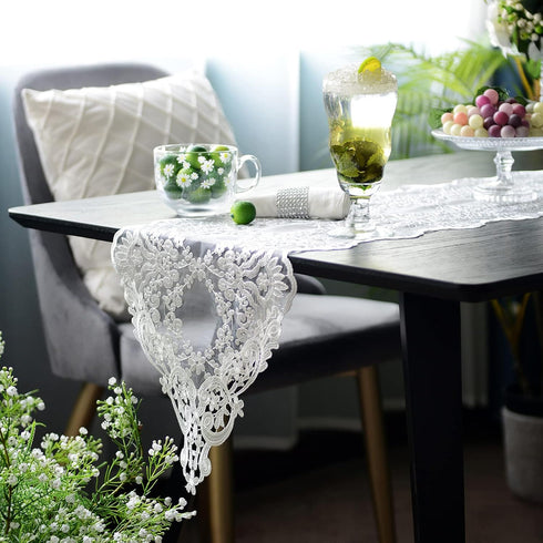 12"108") SUTAVIA Lace Patio Table Runner Embroidered Dresser Scarf Classic Rectangular Macrame Tablerunner for Kitchen