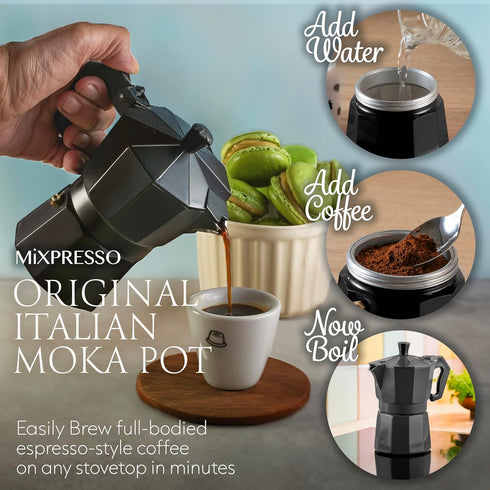 Mixpresso Black 3 Cup Moka Pot, Classic Italian Coffee Maker for Gas, Electric Stove Top, Makes 3 Espresso Cups