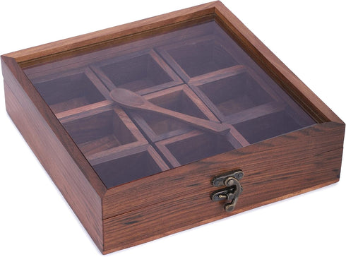 9x9 Inch 9 Ajuny Wooden Spice Box - Decorative Masala Dabba Organizer with Glass Lid, Compartments & Spoon, Spice