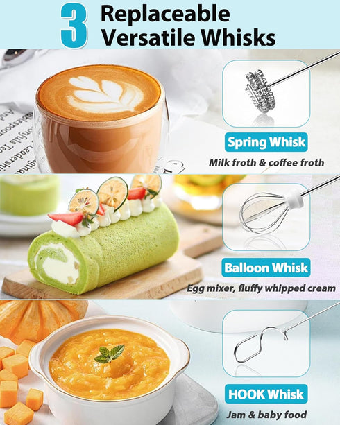Milk Frother with Stand, Rechargeable Handheld Frother Wand, 3 Speed Adjustable, Electric Whisk Drink Mixer for Matcha
