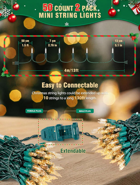 Set 2 Pack 50 Count 13 Bulb Hopolon Clear Christmas Lights Feet Incandescent Green Wire Mini String Lights for Indoor