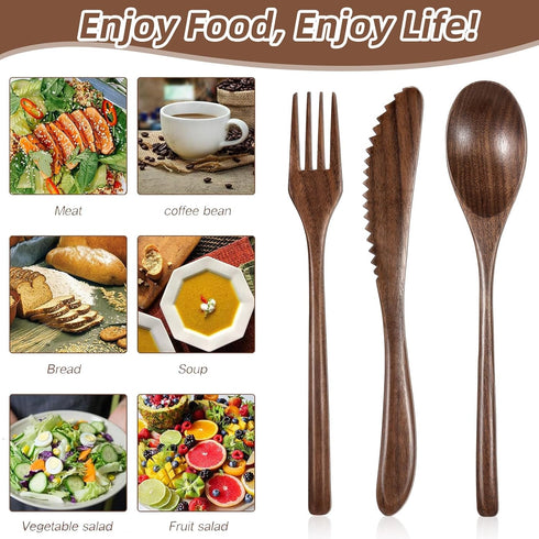 12 Set Set Geiserailie Pcs Wooden Silverware Wood Utensils for Eating Wooden Spoon Fork Knife Cutlery Kitchen Dinner