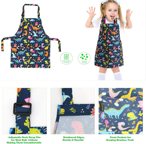 BeeGreen Kids Apron 2 Pack with Adjustable Strap, Front Pocket for Girls Toddler Painting Baking (Dinosaurs+Space