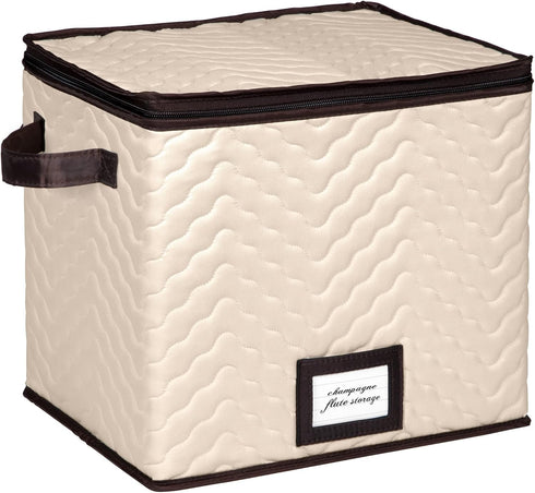 Wine Glass Storage Box with Dividers - Holds 12 Champagne Flute Glasses up to 10" Tall, Durable Quilted Microfiber Bin