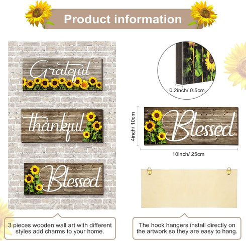 Nuanchu 3 Pcs Sunflower Wall Decor Art Signs, Thankful Grateful Blessed Wooden Hanging Plaques for Home