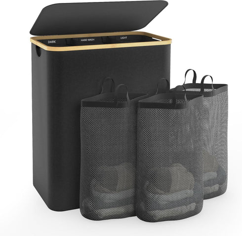 Black 160L Extra Large 3 Section Laundry Hamper with Lid, Clothes Organizer for Bedroom, Laundry Room, Dirty Clothing