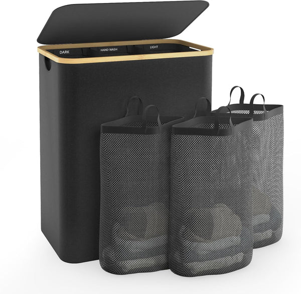 Black 160L Extra Large 3 Section Laundry Hamper with Lid, Clothes Organizer for Bedroom, Laundry Room, Dirty Clothing