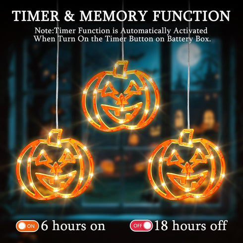 Lights,3 Pack 48LED Halloween Window Pumpkin String Light with Battery Operated,Timer Memory Hanging Orange Halloween