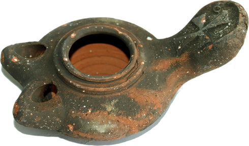 Holy Land Market Antique Crusader 2-Wick Clay Oil Lamp - Herodian Style