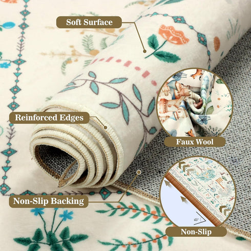 5Ft nesrt Washable Area Rugs Round for Living Room Non Slip, Beige Dragon Forest Circle Dining Room Rugs Low Pile, Soft