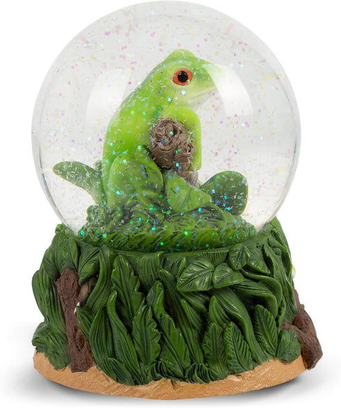 Elanze Designs Playful Green Tree Frog Tabletop Figurine, 100MM Glitter Water Wind Up Musical Snow Globe