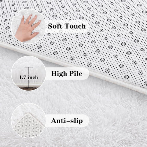 Fluffy White Rugs for Bedroom Living Room, 4x6 Feet Non-Slip Shaggy Area Carpet for Kids Room Decor