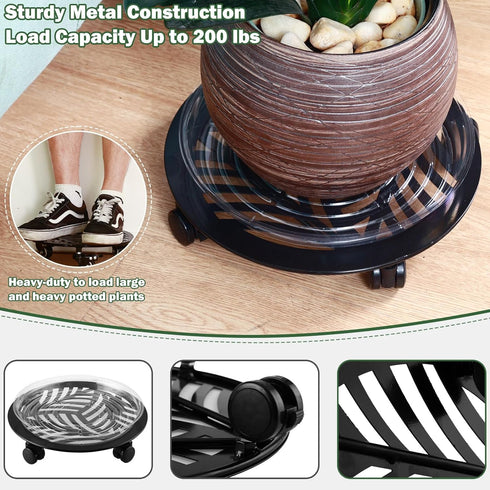 1 Packs 13" Large Metal Plant Caddy with PU Wheels Heavy-Duty Wrought Iron Rolling Plant Stands Indoor Outdoor Wheeled
