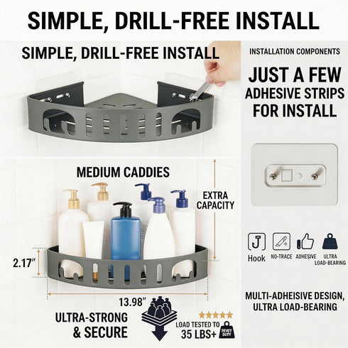DivaDwell Depot 2 Pack Adhesive Corner Shower Shelf No Drill | Rust-Proof Aluminum Alloy Stick On Bathroom Organizer