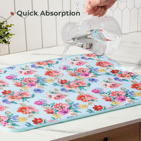 FRESHMINT Printed Dish Drying Mats for Kitchen Counter, 2 Pack Absorbent Reversible Drying Mats