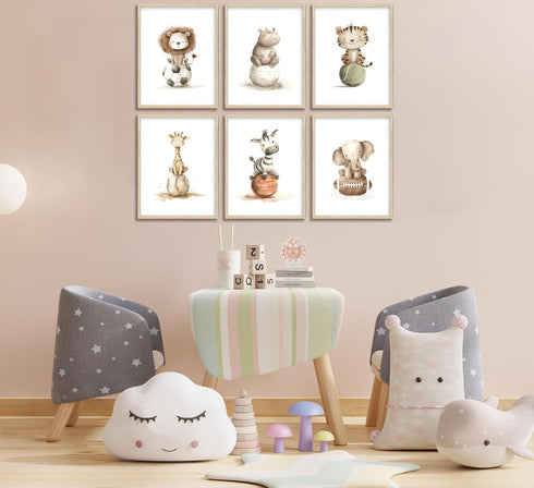 Generic Baby Boy Animals Nursery Wall Art Sport Theme Nursery Painting Picture Wall Decor Cute Lion Hippo Tiger Giraffe