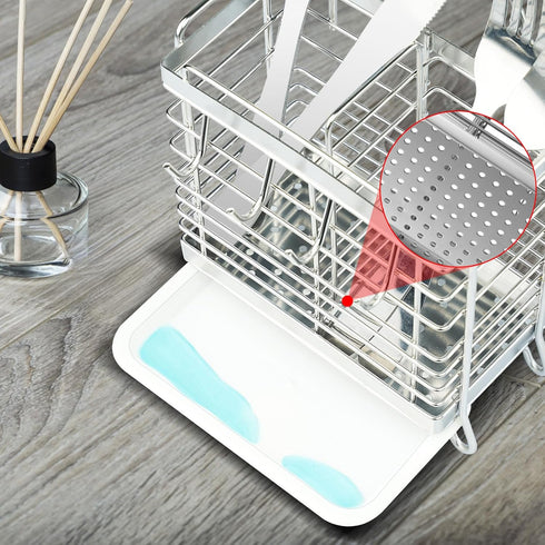 Stainless Steel Utensil Holder with 2 Compartments, Drying Rack for Kitchen Counter, Silverware Organizer
