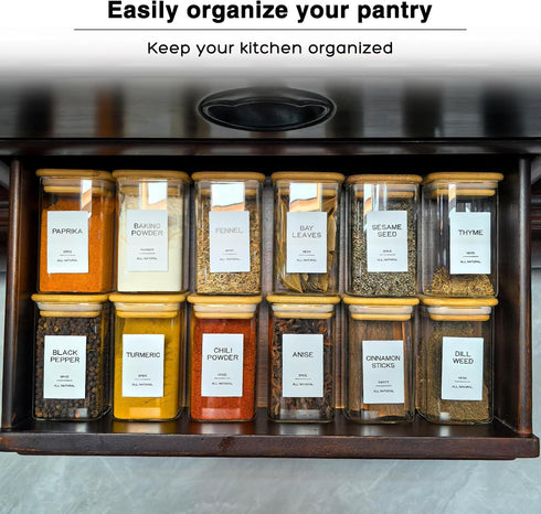 Kuocodall 12 201 8oz Pcs Glass Spice Jars with Bamboo Airtight Lids & Labels - Square Small Empty Food Storage