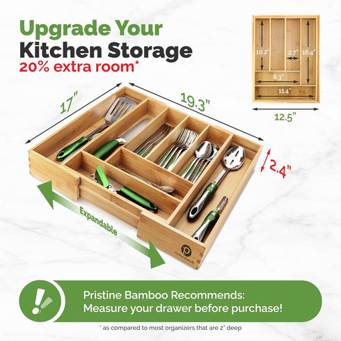 Silverware Tray for Drawer Organizer, Kitchen Cutlery Organizer with Expandable Adjustable Wooden Dividers (8-Slots)