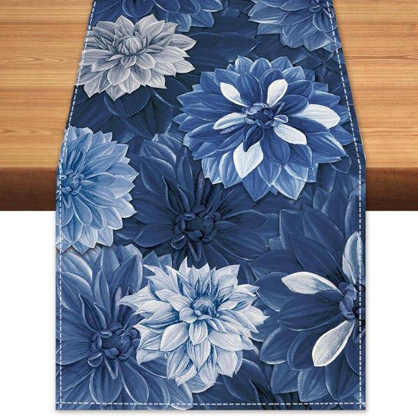 Navy Blue Dahlia Flower Spring Table Runner Blue Gray Burlap Table Runners,