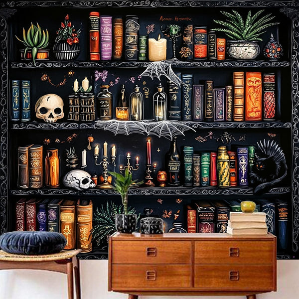 Algasan Magic Bookshelf Tapestry Magical Book Tapestry Gothic Witchy Vintage Library Skull Potion