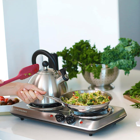 OVENTE Electric Countertop Double Burner, 1700W Cooktop with Stainless Steel Coil Hot Plates, Silver