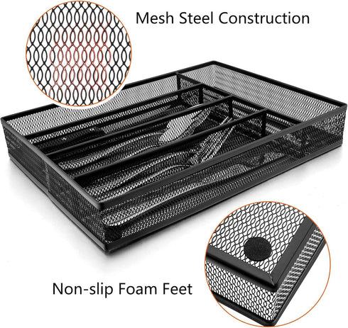 E-far Silverware Drawer Organizer - Black Mesh Wire Utensil Tray, 5 Compartment Cutlery Holder, Small Size