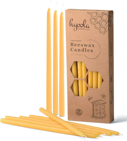 Hyoola 25 Pack Beeswax Taper Candles, Handmade, All Natural, 100% Pure Scented Bee Wax Candle, 9” Tall, Golden Yellow