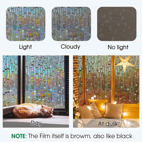 Beautysaid 3D Rainbow Prism Window Clings - Stained Glass Privacy Film, Heat Blocking, 17.5x78.7in (Brown)