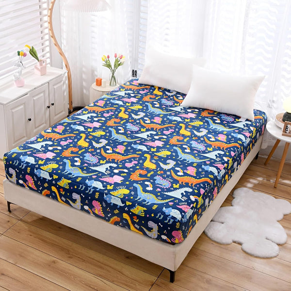 Bedding Fitted Sheet with Deep Pocket for Twin Bed, Dino Printed Thicken Fabric (Navy Blue)