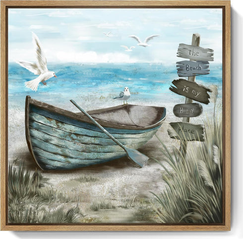 Framed Beach Décor Canvas Picture - Coastal Ocean Artwork with Sea Bird Boat for Bathroom Bedroom Living Room