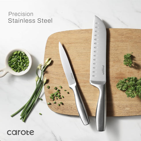 12-Piece Set, Set, CAROTE Knife All-Stainless Steel Knife Block Kitchen Knives with Wooden Block, Razor-Sharp