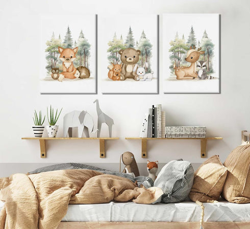3 Pcs Woodland Animal Nursery Canvas Wall Art Cute Wild Animals Poster Print Fox Bear Deer Painting Picture for Kids