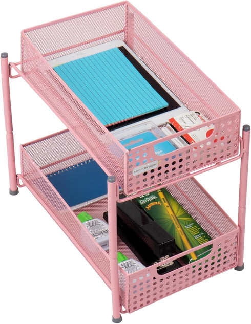 Mind Reader 2 Tier Accessory Organizer, Metal Mesh Supply Storage for Office, Kitchen, Makeup Crafts, Pink, 8" L x
