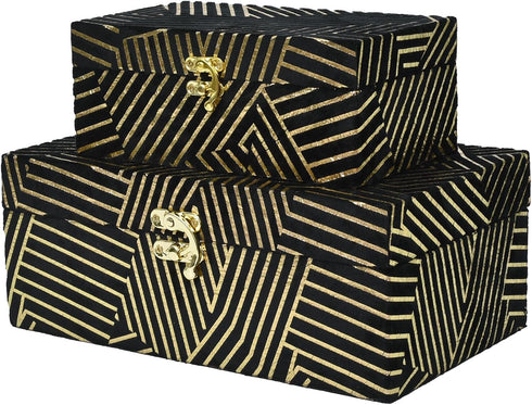 Velvet Decorative Boxes Storage Accessory Organizer with Gold Stripe, Set of 2, Black