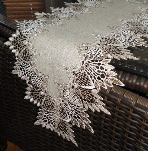 Lace 65" Table Runner, Dresser Scarf, Neutral Earth Tones, European Lace