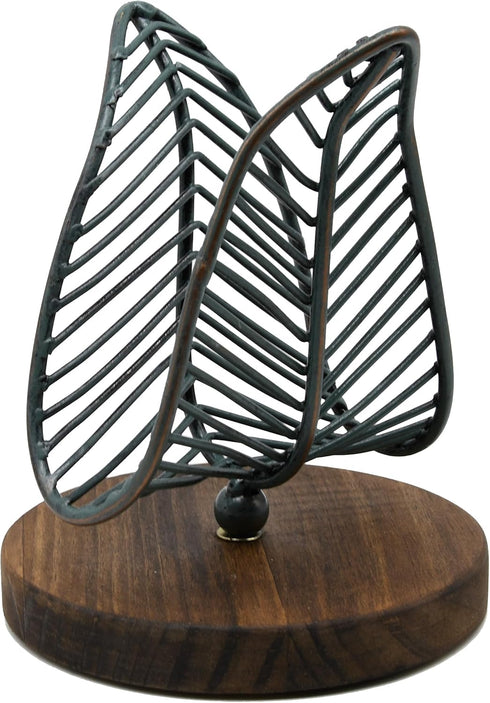 OwlGift Freestanding Modern Napkin Holder, Golden Turquoise Wrought Iron Leaf & Brown Wooden Base Design, Tissue